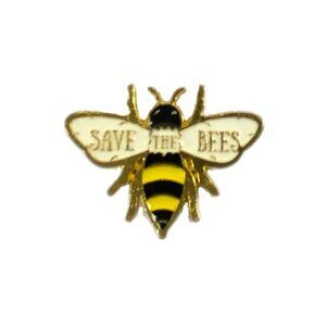 Save the Bees Pin Brooch Gold Tone Yellow Black White enamel